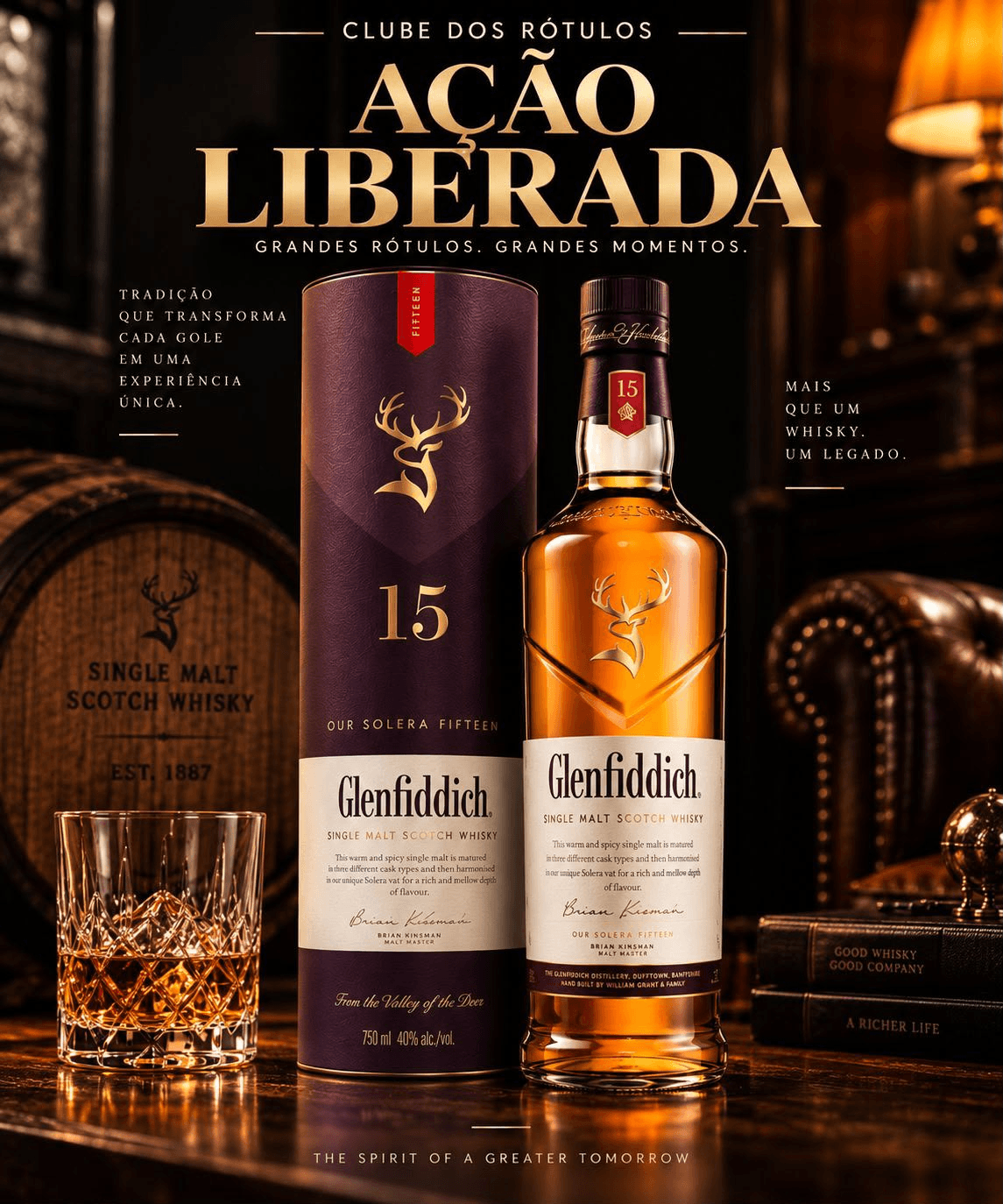 Arte da ação do Clube dos Rótulos com whisky Glenfiddich Solera 15 Anos